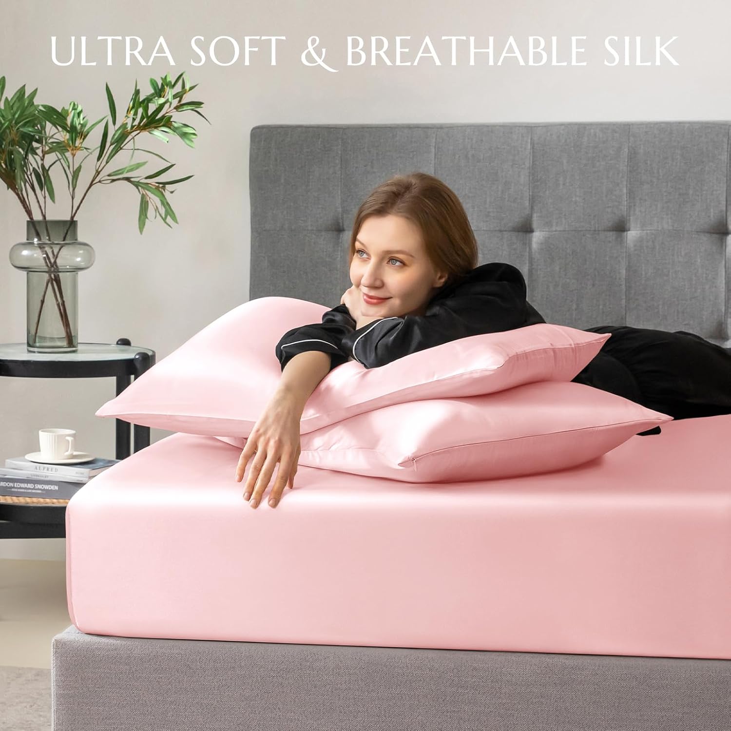THXSILK 100% Mulberry Silk Fitted Sheet Set, 7A+ Silk 3 Pieces Bed Sheets, Breathable, Smooth, 16 Inch Deep Pocket Fitted Sheet, 2 Pillowcases - Charming Pink, Full