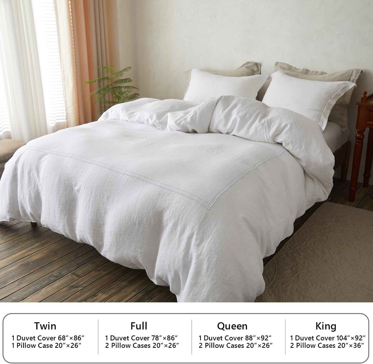Simple&Opulence 100% Washed Linen Duvet Cover Set 104'x92' - 3 Pieces Soft Farmhouse Comforter Cover Set Double Embroidered with Button Closure - 1 Duvet Cover and 2 Pillowcases (White, King)