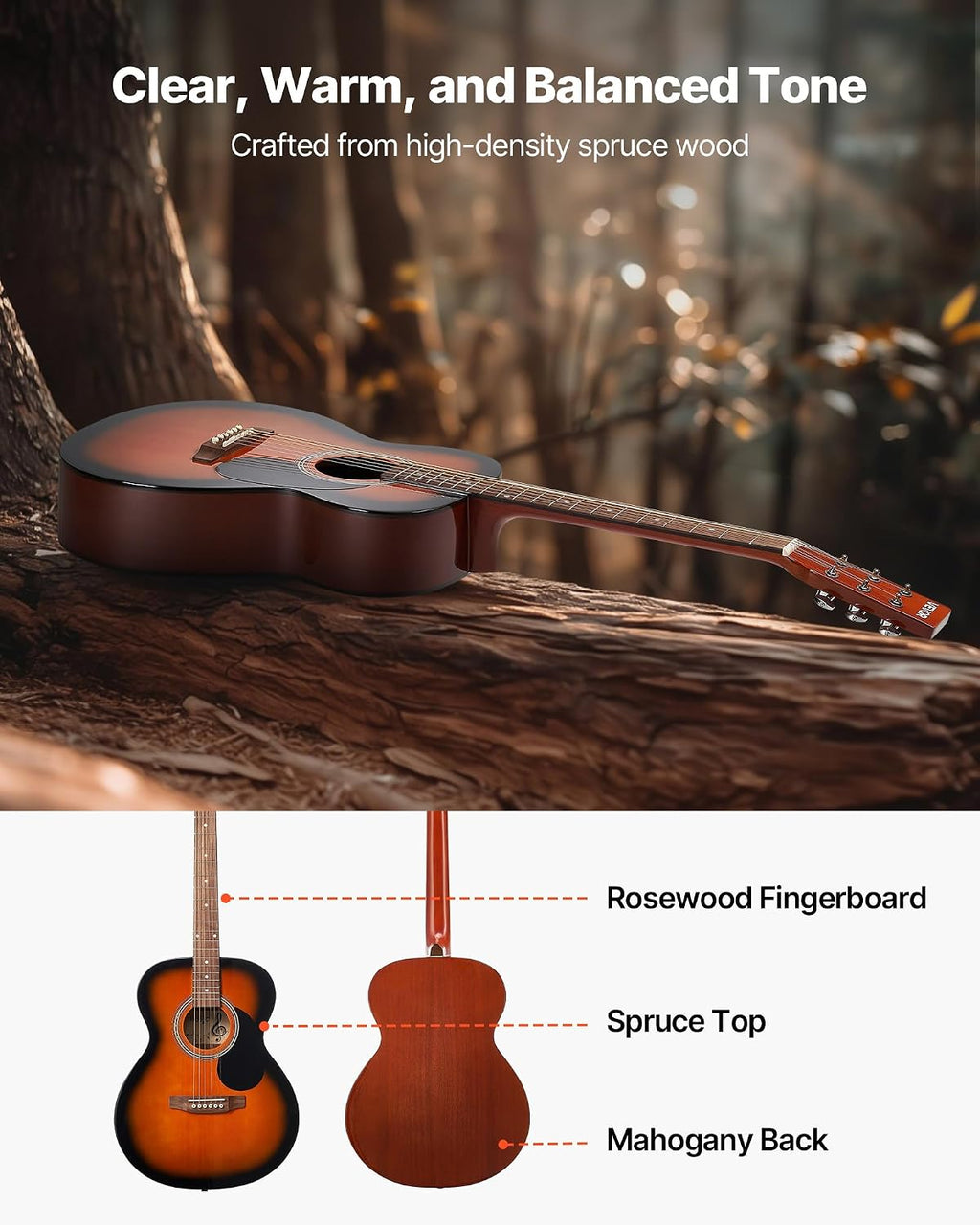 VEVOR Dreadnought Acoustic Guitar, 40 in, 6-String Sunburst Solid Top Guitar, Beginner Bundle with Gig Bag, Tuner, Strap, Steel Strings, Picks, Capo, Rosewood Fingerboard, for Adults, Skilled Players