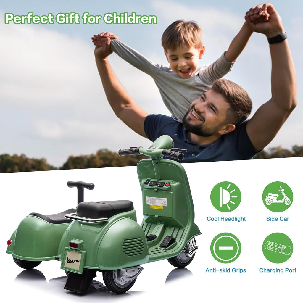 Licensed Vespa Kids Ride On Car with Side Car & Speaker | Motorcycle 2 Seater Three Wheeled Toy Car Rechargeable with Music Player, Volume Button, Lights, USB Plug, Forward, Backward, Green