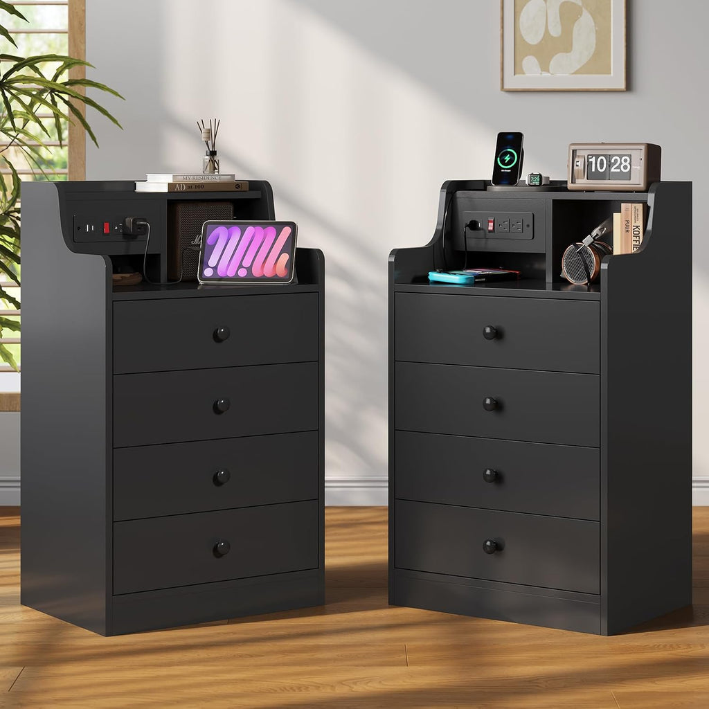 ADORNEVE Black Nightstand Set of 2,Night Stand with Charging Station & Hutch,Bedside Table with 4 Drawers,Large Nightstands Set of 2,Night Stands for Bedrooms,Side Tables Bedroom