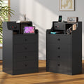 ADORNEVE Black Nightstand Set of 2,Night Stand with Charging Station & Hutch,Bedside Table with 4 Drawers,Large Nightstands Set of 2,Night Stands for Bedrooms,Side Tables Bedroom