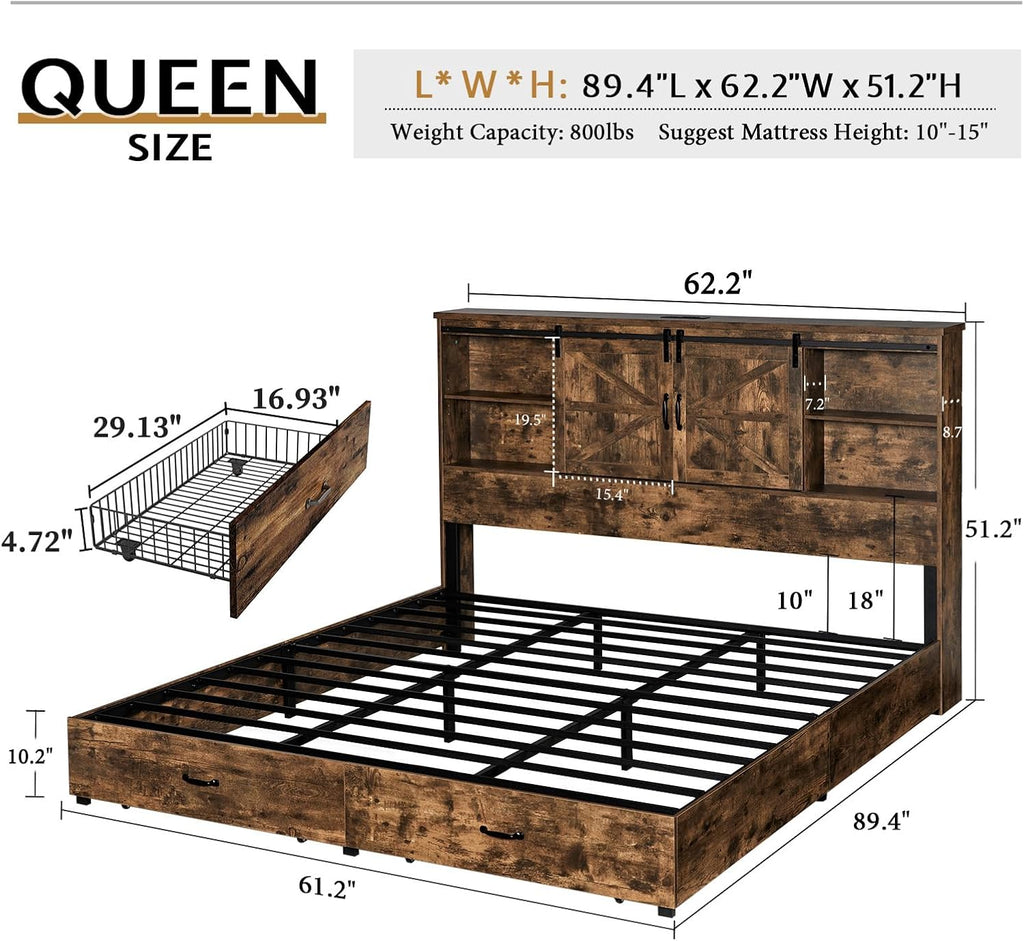 VanAcc Queen Size Bed Frame, Wooden Platform Storage Bed with 51.2' Bookcase Headboard, 2 Drawers, Charging Station/No Box Spring Needed/Noise Free(Rustic Brown)