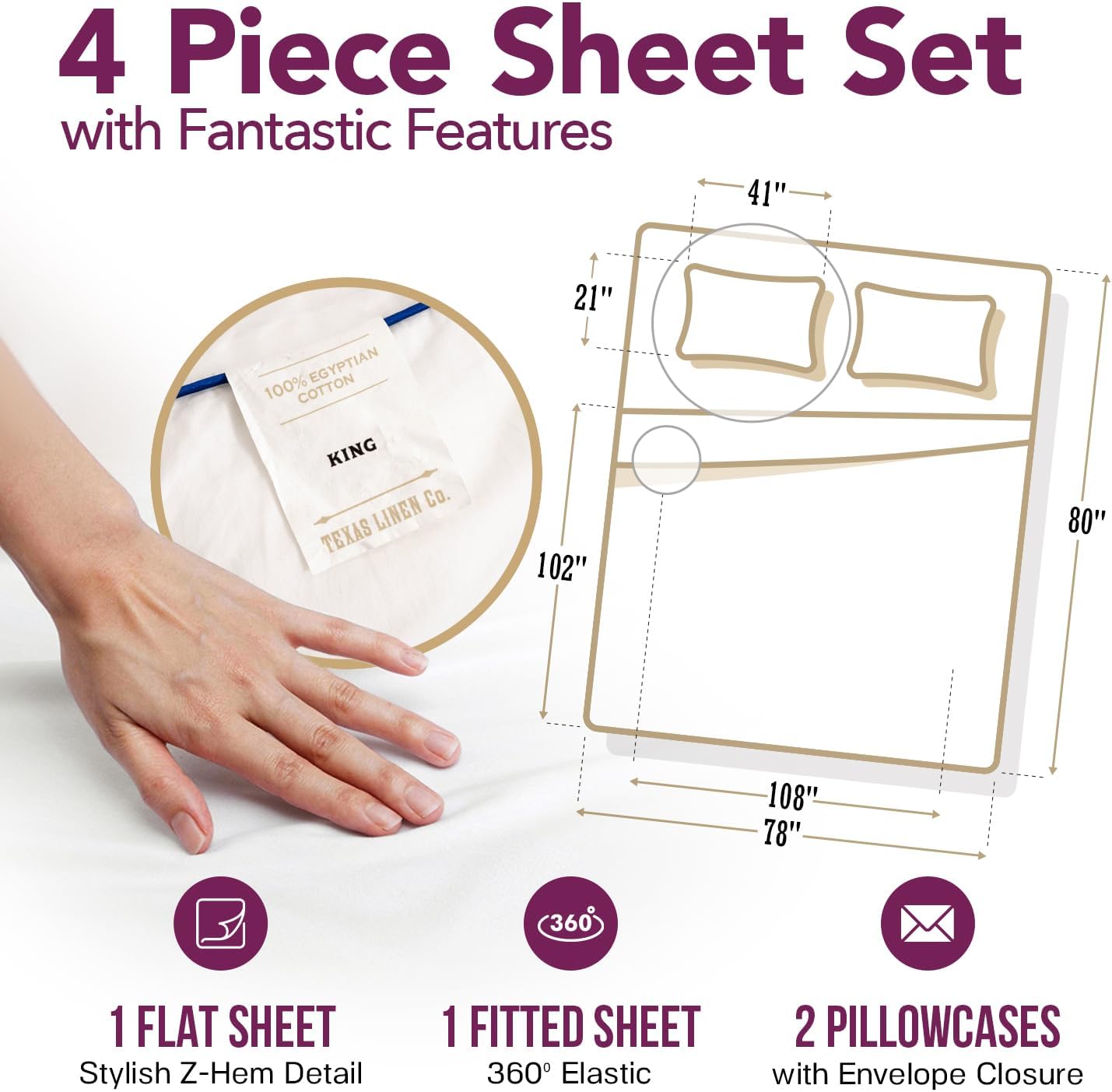 TEXAS LINEN CO. 100% Egyptian Cotton Sheets King Size Set - 1200 Series Star Sleepin' Damask Egyptian Cotton Luxury Sheets King Size (4 PC, White Stripe), 17' Deep Pocket, Sateen Hotel Bedding Set