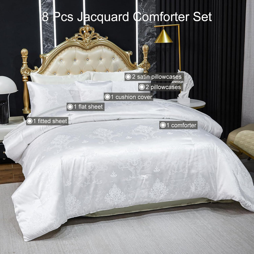 Jacquard Comforter Set White Sheet Set Satin Bedding Set King 8 Pcs Vintage Neoclassical Floral Bed Home Decor Soft Comforter Luxury Hotel Silky Bed in a Bag with 1 Cushion Cover