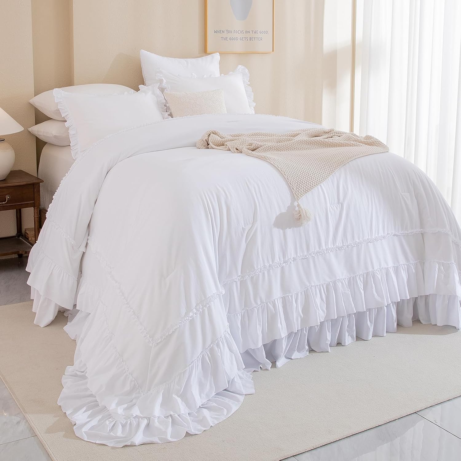 Masaca White Oversized King Comforter Set 120x120,Farmhouse Shabby Boho Chic Ruffle California King Bed Comforter Set French Country Rustic Bedding 3PCS (1 Ruffled Comforter+2 Pillow Shams)
