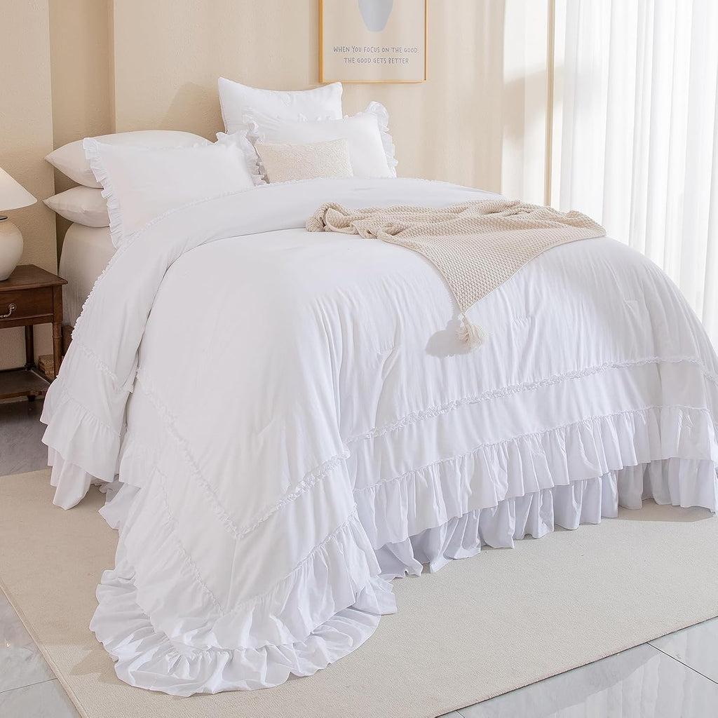 Masaca Oversized King Comforter 128x120,White Shabby Boho Chic Farmhouse Bedding Comforter with Ruffles,3 Pieces Vintage Lightweight and Soft French Country Bedding Set