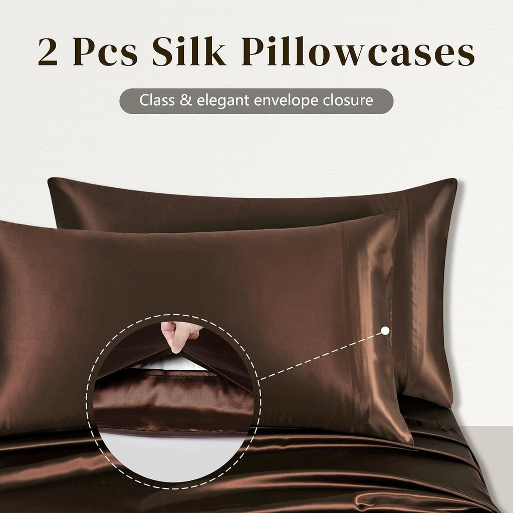 ZIMASILK 100% 19 Momme Mulberry Silk Bedding Set - Queen Size 4-Pieces - Soft, Silky & Hypoallergenic for Luxury Sleep, Good for Hair & Skin (King, Chocolate)