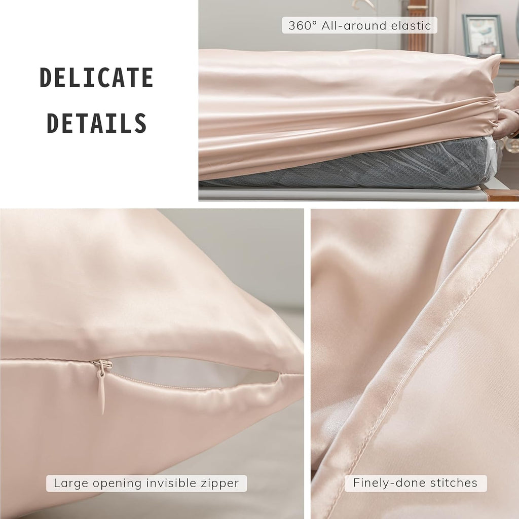 PROMEED 100% Pure Mulberry Silk Sheets King Set, Luxury 23 Momme 4pc Silk Bed Sheet Set, Includes Flat Sheet, Fitted Sheet and Pillowcases (Champagne, King)