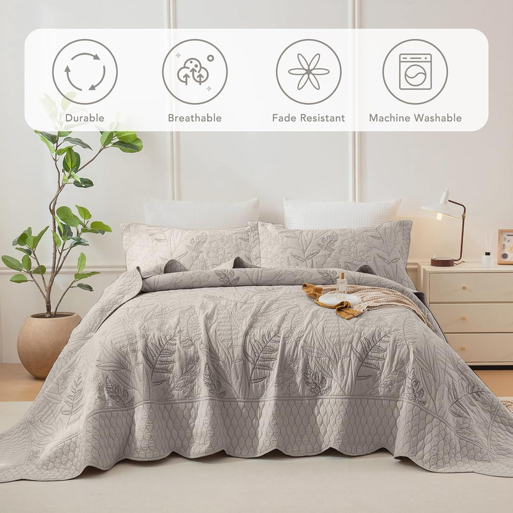 Lady Ann Oversized King Bedspread 120x120, Leaves Pattern Stitching Printed Quilt Set Soft & Lightweight Linen Feel Quilted Coverlet, 3 Pcs Extra Large Botanical Bedding Sets