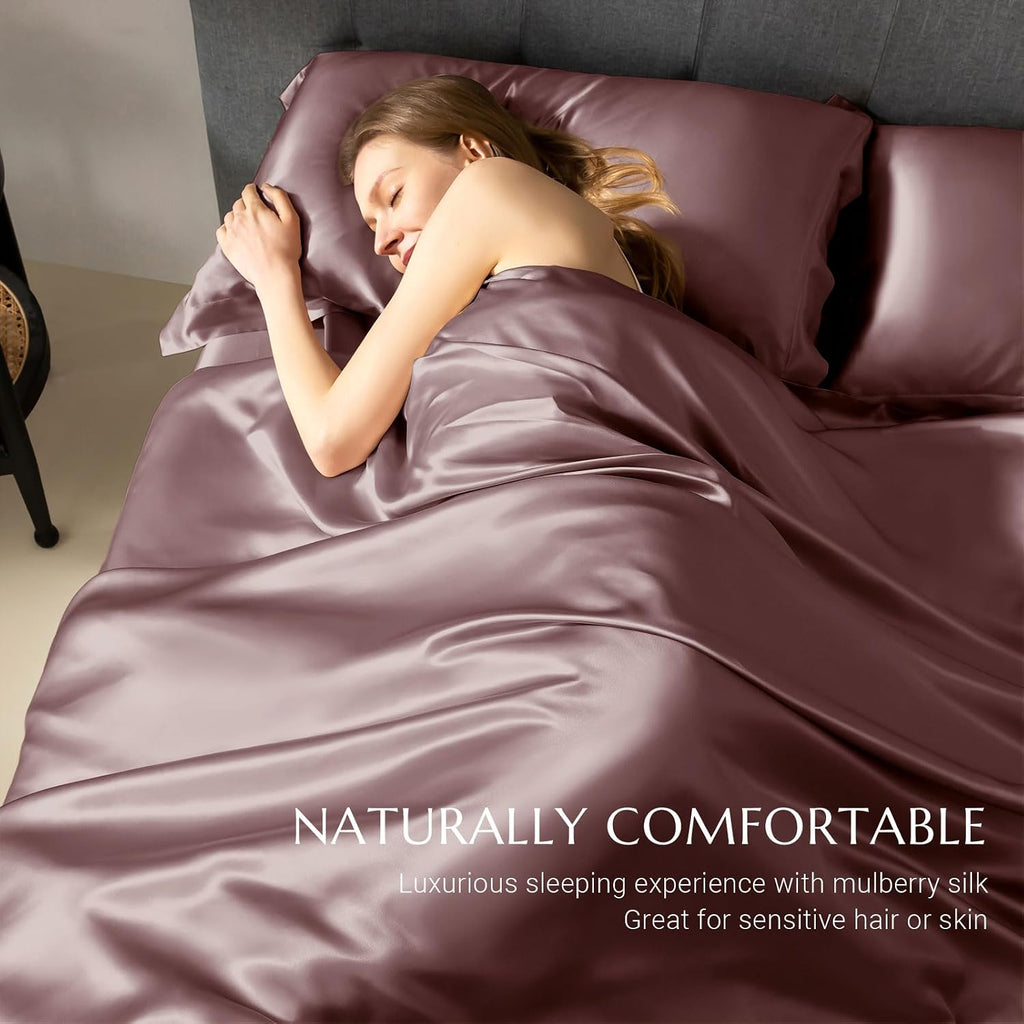 THXSILK 100% Silk Sheet Set, 7A+ Silk Sheet Set Soft Breathable, Luxury Bedding (1 Duvet Cover, 1 Fitted Sheet, 2 Pillow Shams), Twin, Purple