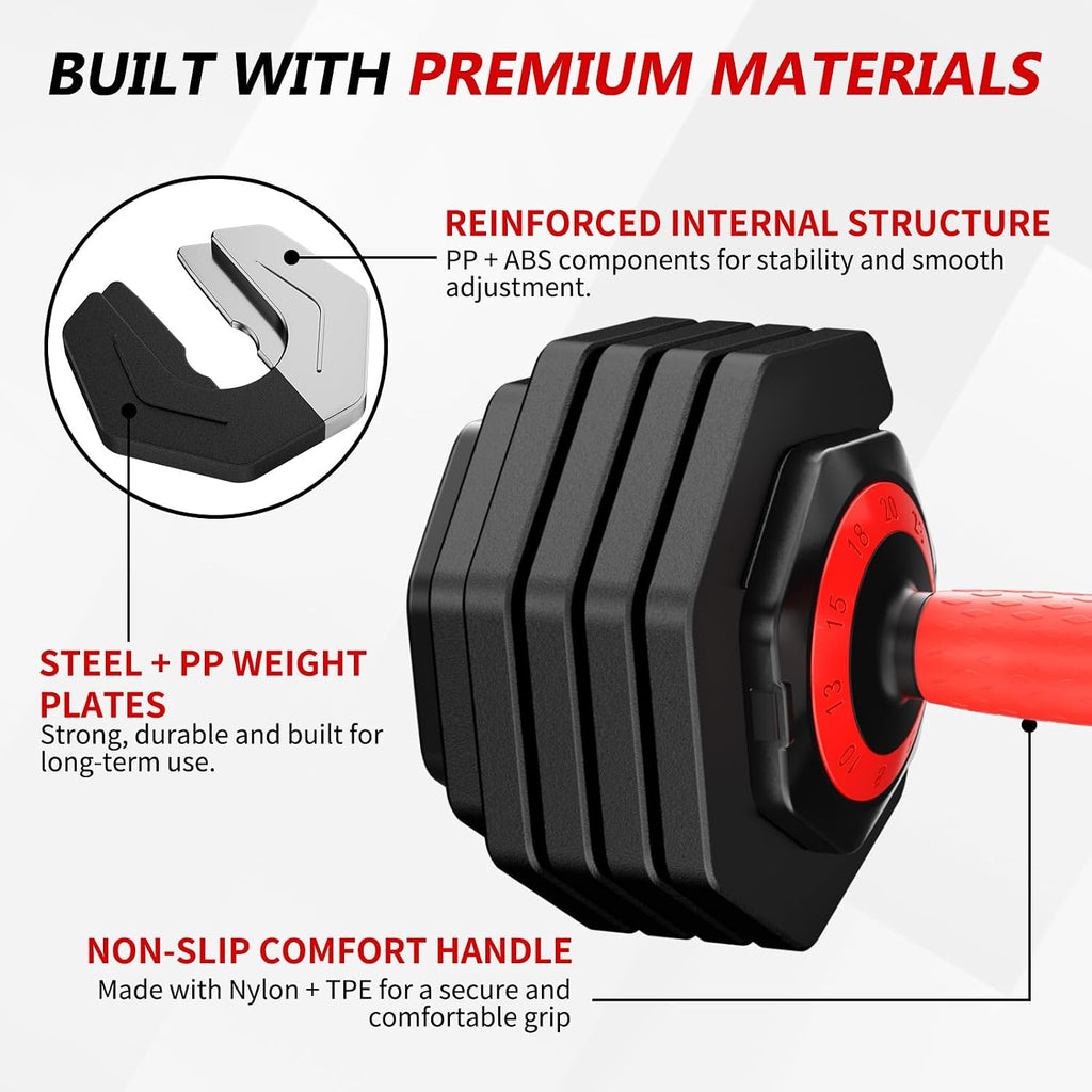 Adjustable Dumbbell Set Pair 25 lb or 50 lb, Adjustable Dumbbells 10-in-1 Free Weight Set, 1-Second Dial Weight Adjustment,Space-Saving Design with Storage Base, Home Gym Strength Training Equipment