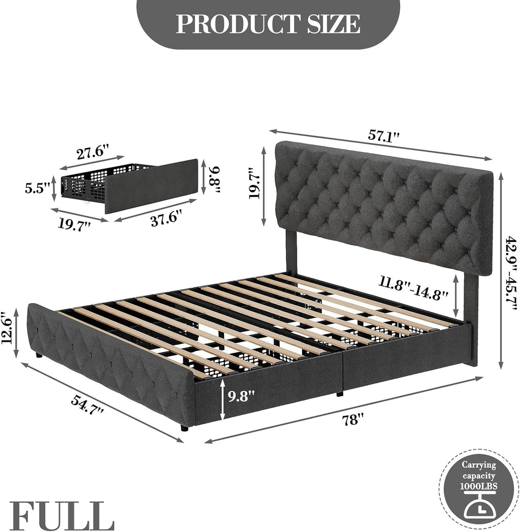 Full Size Bed Frame with 4 Storage Drawers & Headboard, Linen Upholstered Platform Bed Frame, Stylish Diamond Tufted Design, No Box Spring Needed | Grey
