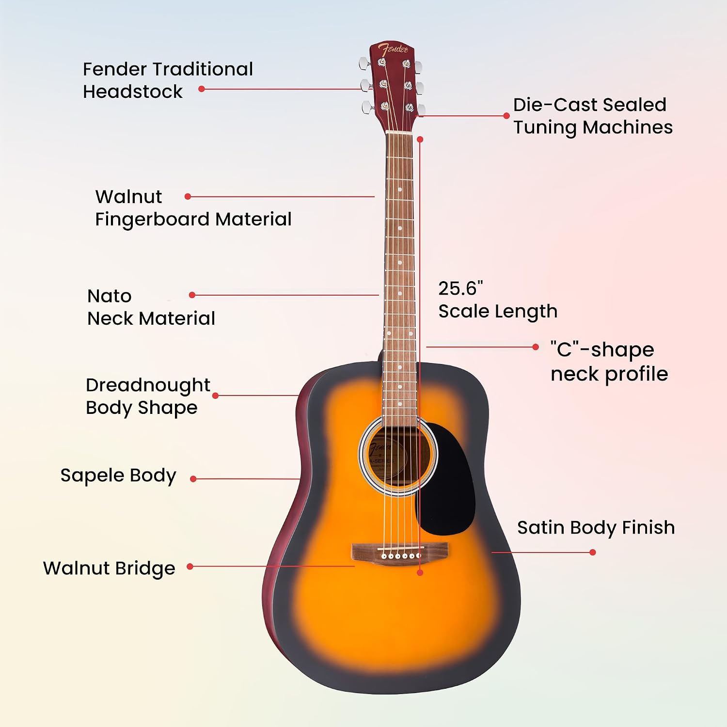 Fender FA Series Dreadnought Acoustic Guitar - 2-Color Sunburst Bundle with Gig Bag, Tuner, Strings, Picks, and Austin Bazaar Instructional DVD
