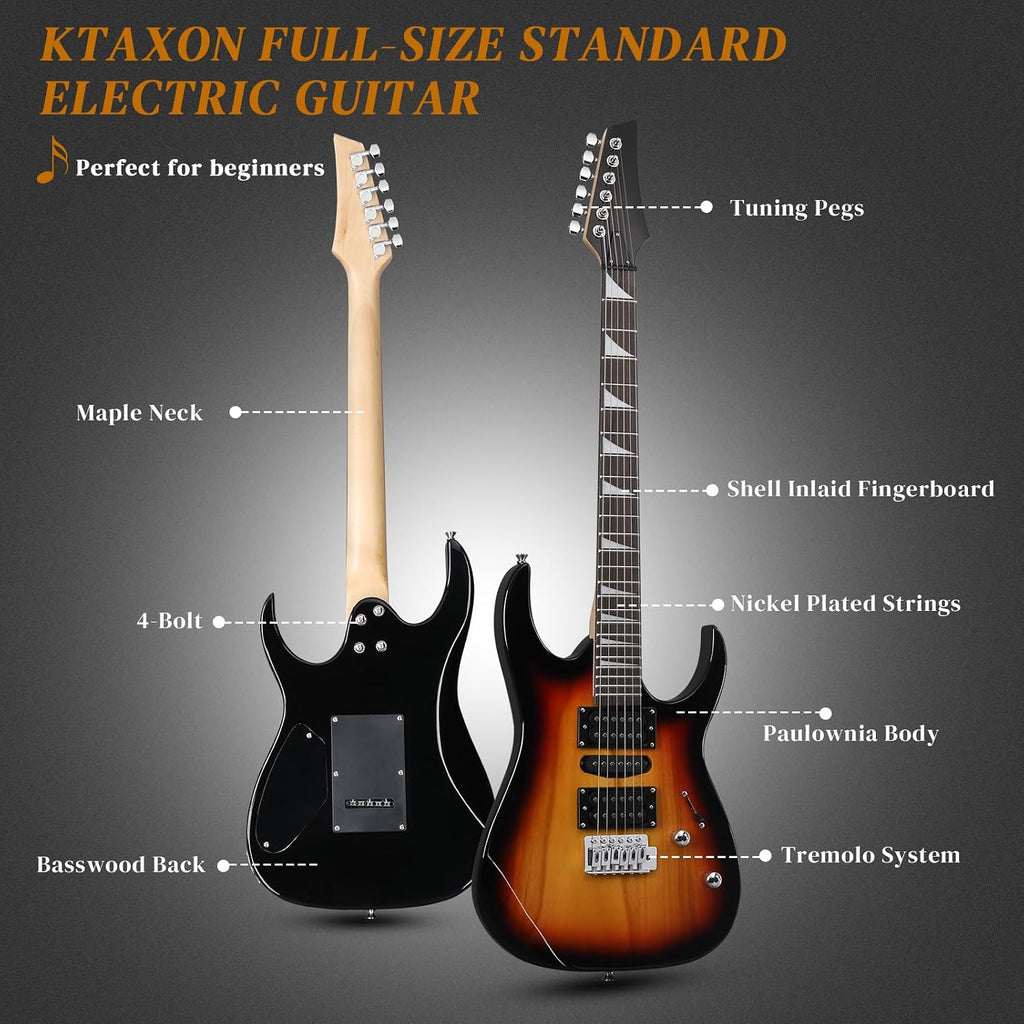 Ktaxon 39' Electric Guitar with 20Watt Amp, Full Size 170 Model Starter Guitar Kit for Beginners & Professionals W/Bag, Shoulder Strap, Wrench Tool, Plectrum - Brown Sunburst