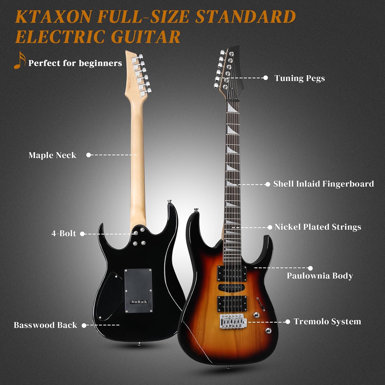 Ktaxon 39' Electric Guitar with 20Watt Amp, Full Size 170 Model Starter Guitar Kit for Beginners & Professionals W/Bag, Shoulder Strap, Wrench Tool, Plectrum - Brown Sunburst