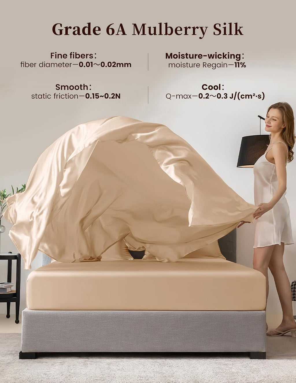 THXSILK 100% Mulberry Silk Bed Sheets Set - 4pcs Pure Silk Sheets Set - Flat Sheet, 16' Deep Pocket Fitted Sheet, 2 Pack Silk Pillowcase with Zipper Closure - Queen Size, Beige
