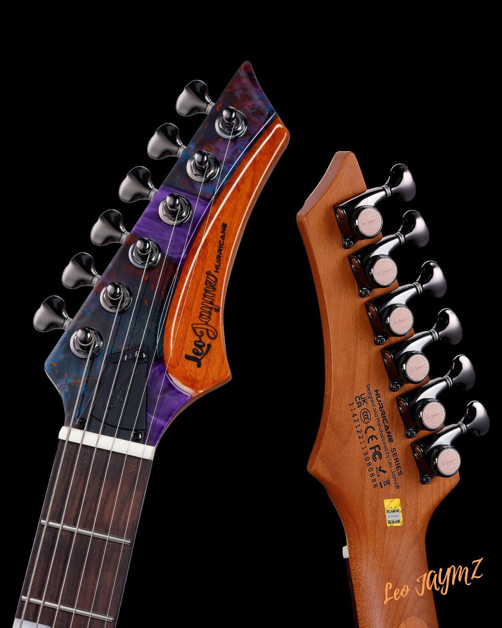 Leo Jaymz Electric Guitar Hurricane Deluxe Series, Burl Top, Mahogany Body, Roasted Maple Neck, Rosewood Fretboard, Locking Tuners, Rounded Frets, Case (Violet Deluxe)