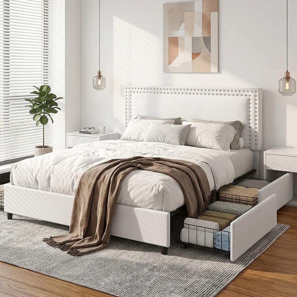 VECELO King Size Upholstered Bed Frame with 4 Storage Drawers, Adjustable Velvet Rivet Decor Headboard, Wooden Slats Platform Support, No Box Spring Needed, Easy Assembly,White