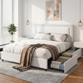 VECELO King Size Upholstered Bed Frame with 4 Storage Drawers, Adjustable Velvet Rivet Decor Headboard, Wooden Slats Platform Support, No Box Spring Needed, Easy Assembly,White