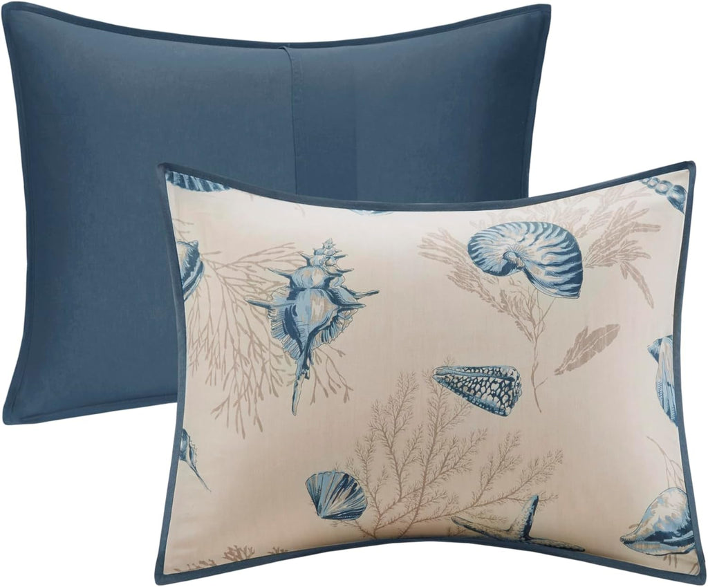 Madison Park 100% Cotton Comforter Set - Coastal Coral, Starfish Design All Season Down Alternative Cozy Bedding with Matching Shams, Decorative Pillow, Cal King(104'x92'), Taupe 7 Piece
