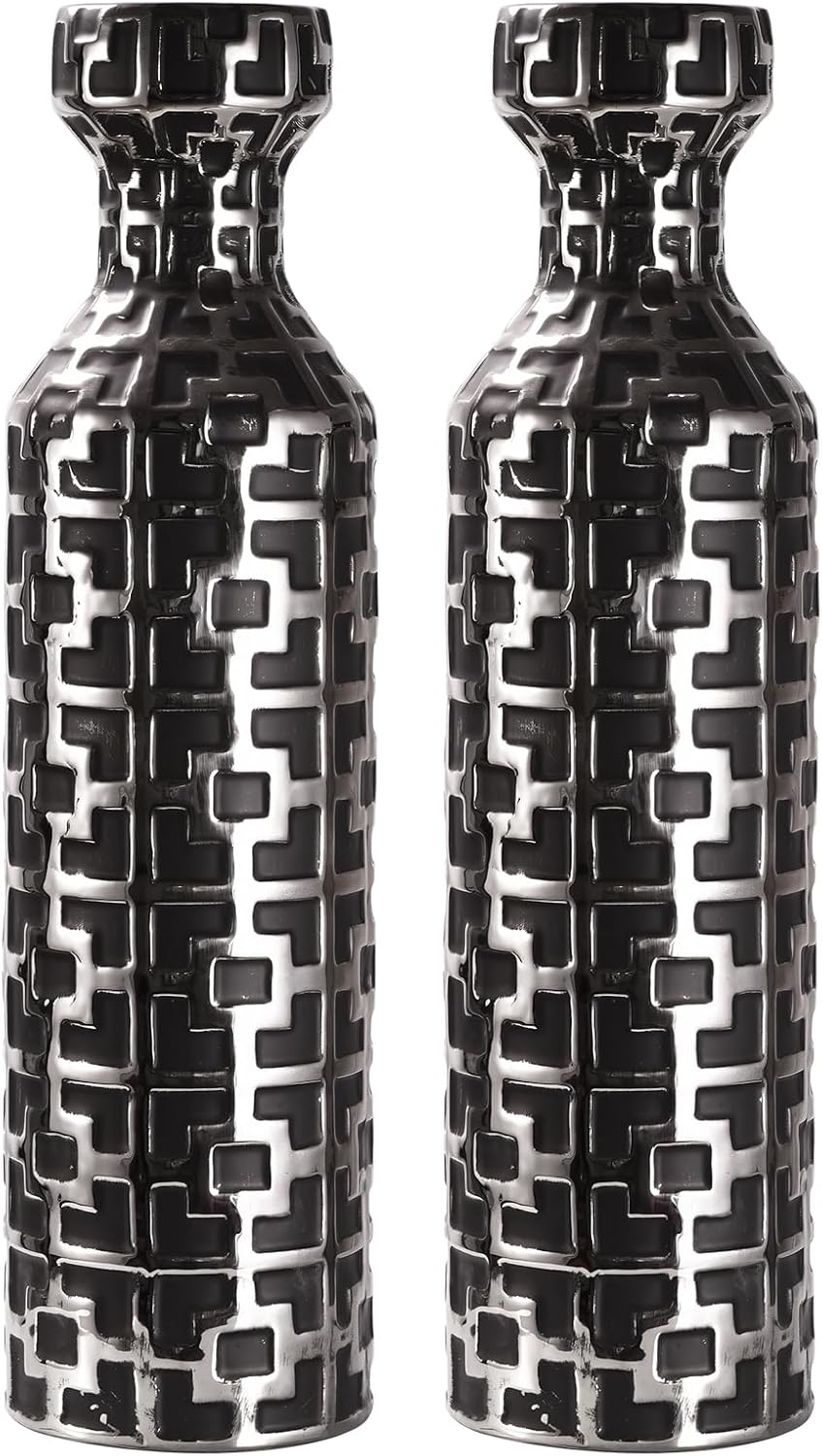 24.4 inch Tall Floor Vases Set of 2. Black Vase with Silver Geometric Patterns, Ceramics Modern Flower Vases for Living Room, Entryway, Indoor/Outdoor Decor, Large Vase for Home Decor