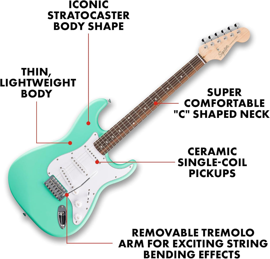 Fender Squier Debut Series Stratocaster Electric Guitar, Beginner Guitar, 2-Year Warranty, Includes Free Lessons, Sea Foam Green with Satin Urethane Finish