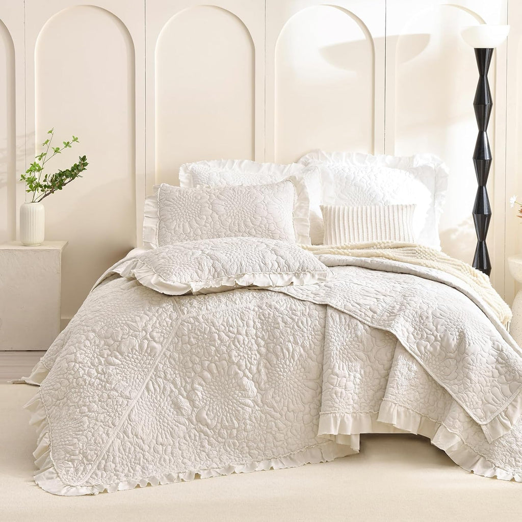 Lady Ann Wheat Quilt Sets Queen 102x118,Stone-Washed Lightweight Ruffle Coverlet, 3Pcs Quilted Crinkled Shabby Bedspread Set Farmhouse Rustic Bedding Set for All Season