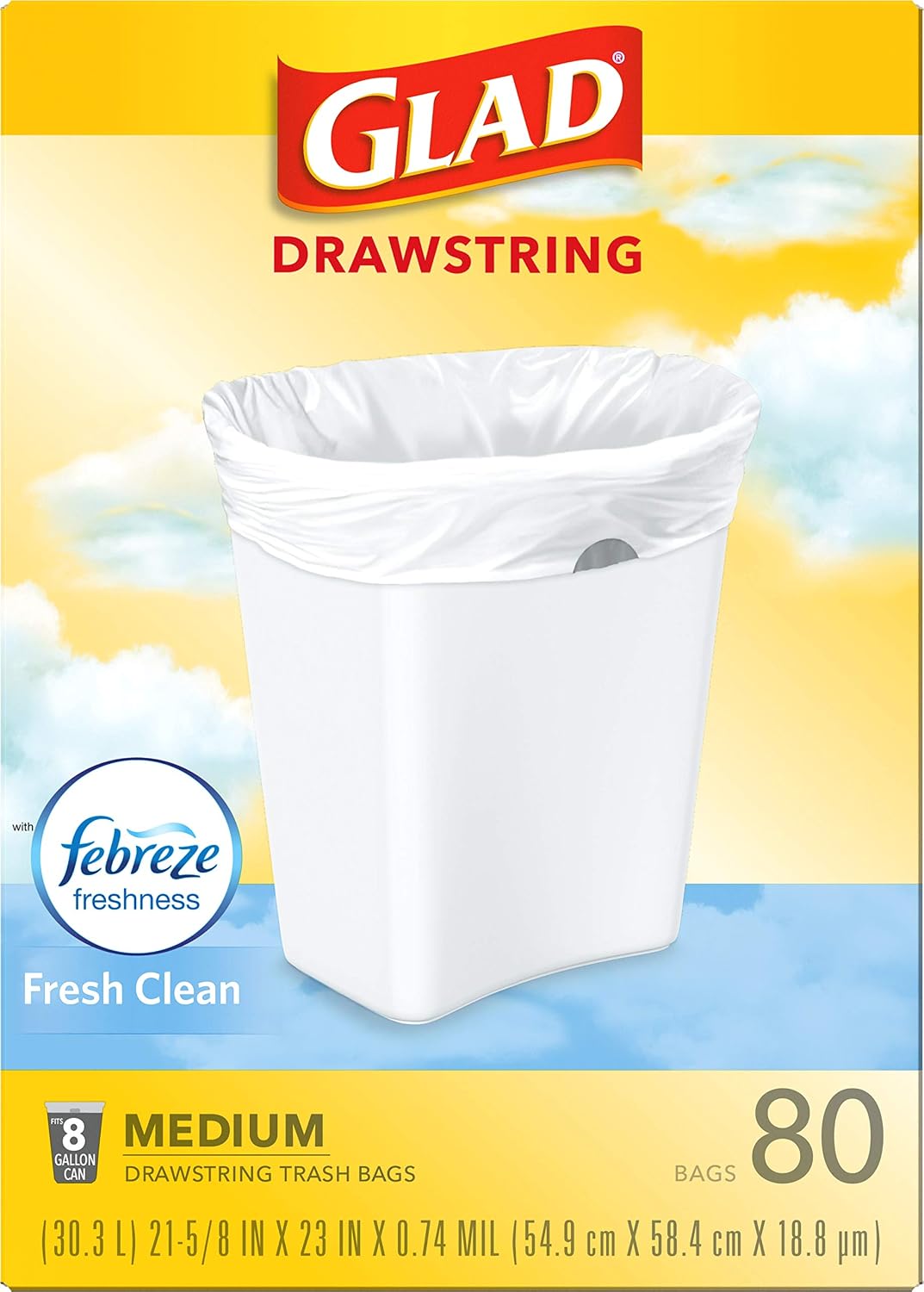 Glad Medium Trash Bags, 8 Gallon, Febreze Fresh Clean Garbage Bags, With Odor Control and Drawstring, 80 Count (Pack of 12)