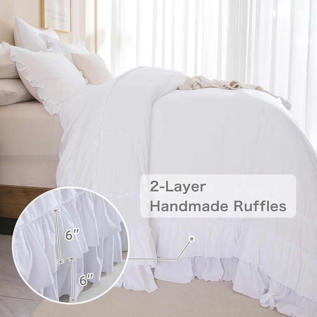 Masaca White Oversized King Comforter Set 120x120,Farmhouse Shabby Boho Chic Ruffle California King Bed Comforter Set French Country Rustic Bedding 3PCS (1 Ruffled Comforter+2 Pillow Shams)