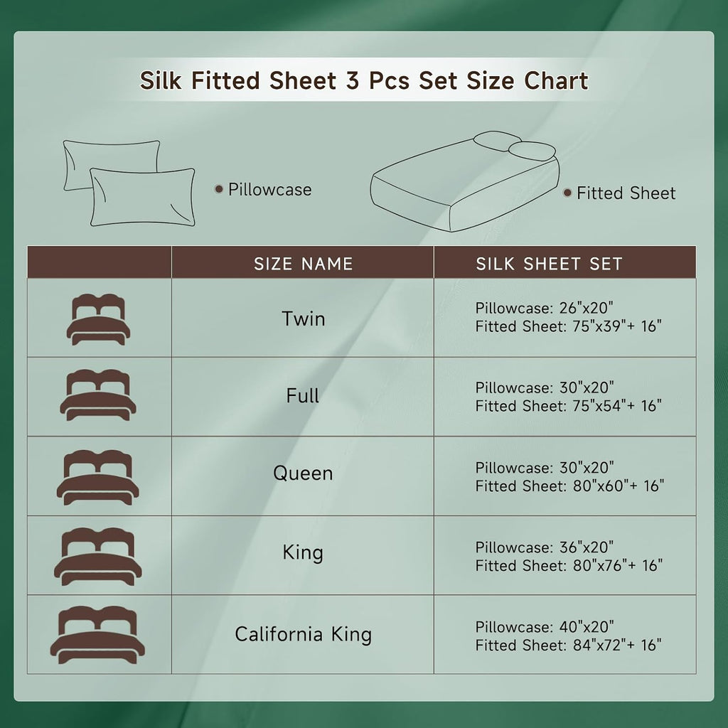 THXSILK 6A+ Top Grade 100% Pure Mulberry Silk King Fitted Sheet 3Pcs Set Bed Sheets Luxury Bedding for Hair and Skin Healthy Natural Materials, 1 Fitted Sheet with 2 Pillowcases, Emerald Green