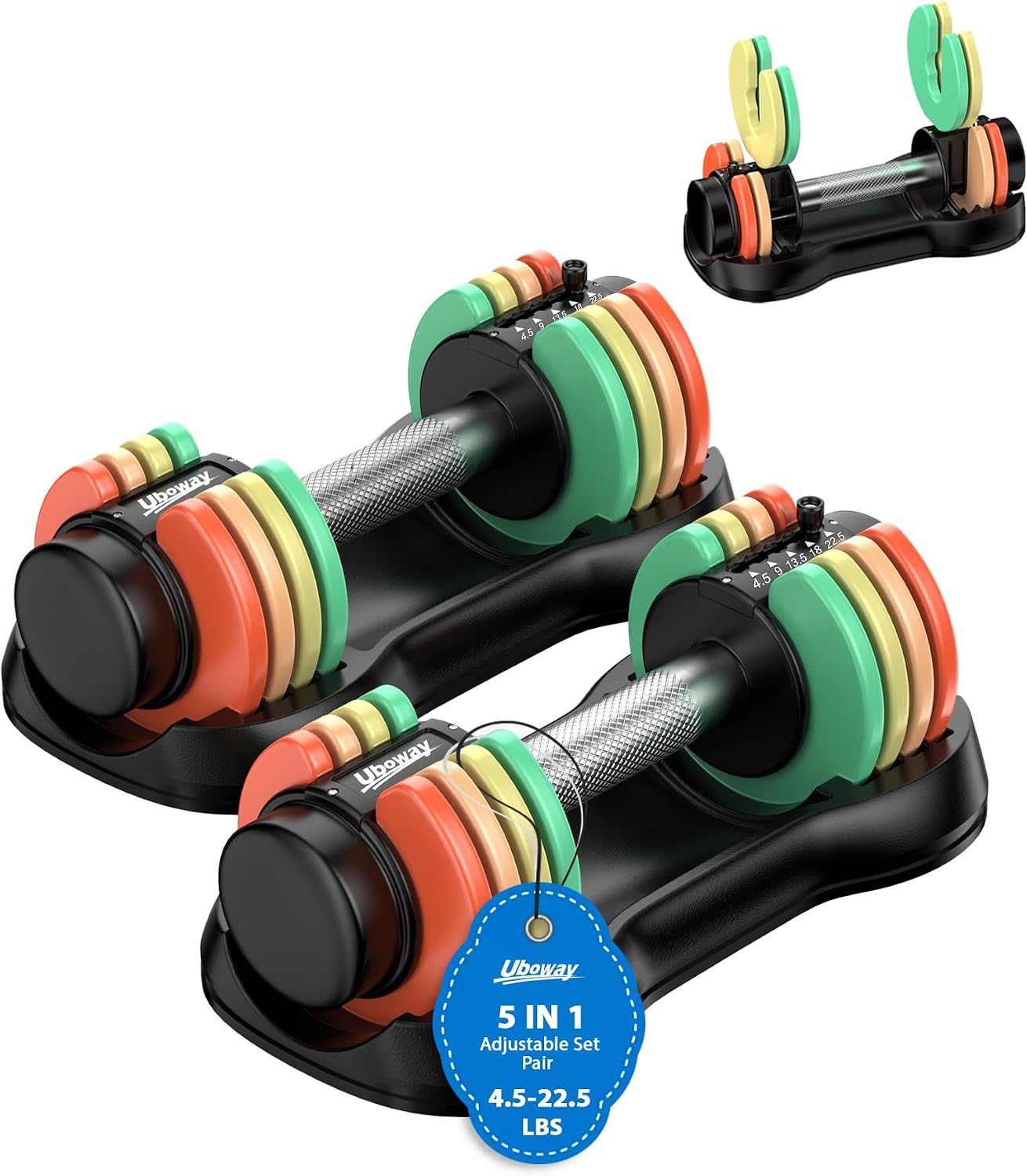 Uboway Adjustable Dumbbell Set, Pair 12.5LB/22.5LB, 5-IN-1 Free Weight Set with Rainbow-Colored Weight Plates & Anti-Slip Handle for Home Gym Strength Training, Compact Size for Women Men Full Body Home Workout