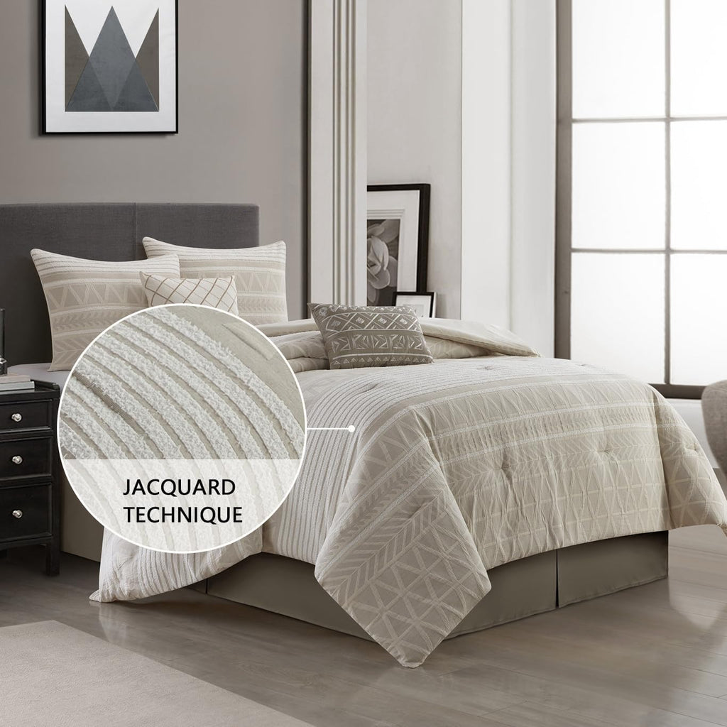 Grand Avenue Cotton King Size Comforter Set, 6 Piece, Beige Geometric Jacquard Bedding Set, Bedskirt, Pillows & Shams, Home Decor