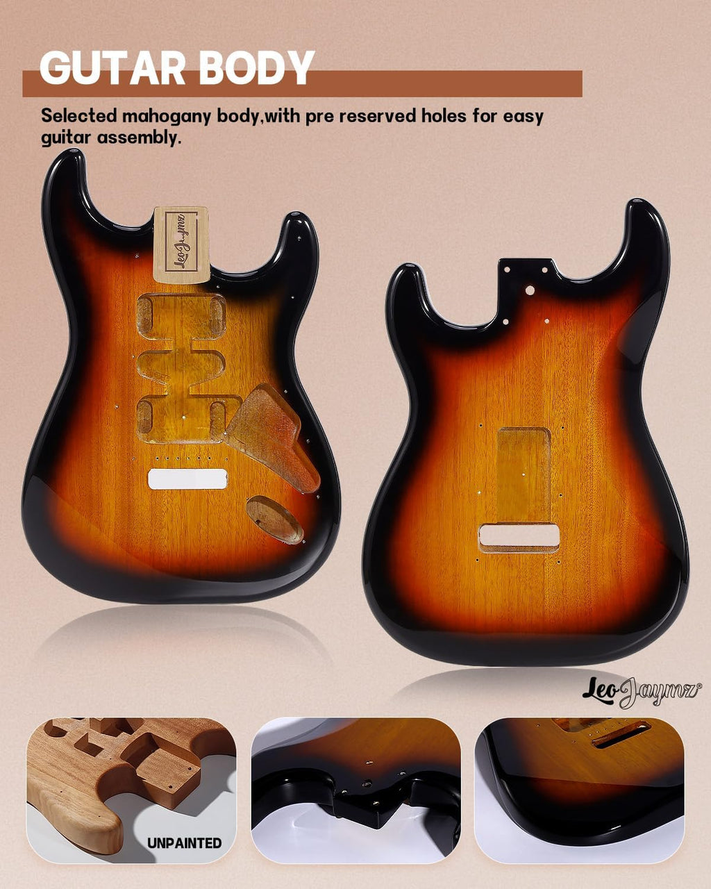 Leo Jaymz DIY ST Style Electric Guitar Kits,Spray-painted Mahogany Body,Laurel Wood Fingerboard and Maple Neck, including all Components (ST Sunburst)