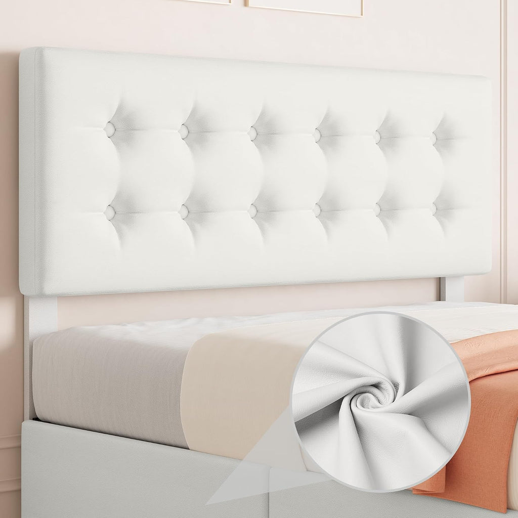 GAOMON Full Size Bed Frame with 4 Drawers and Adjustable Headboard, PU Leather Upholstered Platform Bed with Button Tufted Design, No Box Spring Needed, Strong Wooden Slats, Beige
