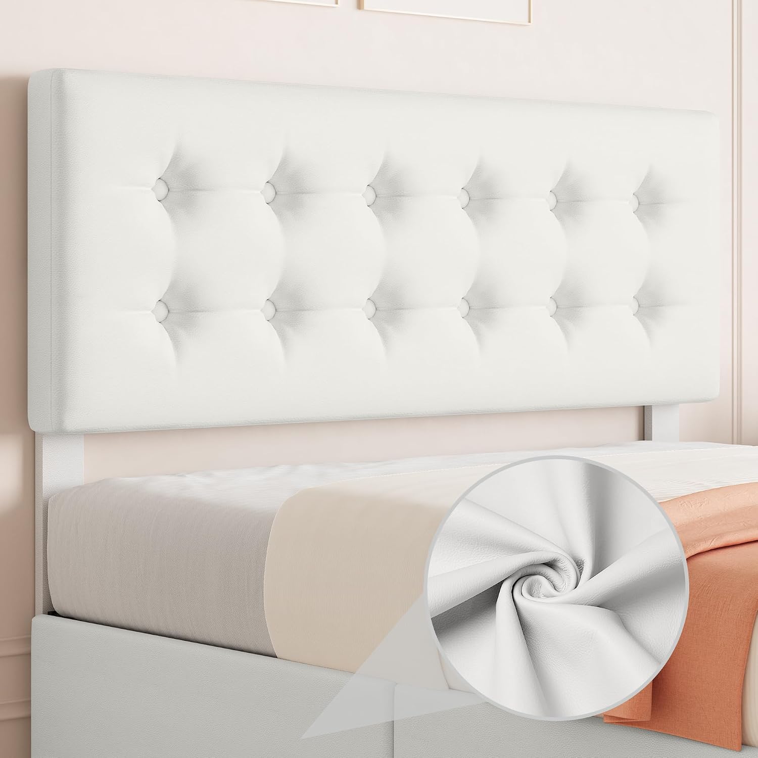 GAOMON Full Size Bed Frame with 4 Drawers and Adjustable Headboard, PU Leather Upholstered Platform Bed with Button Tufted Design, No Box Spring Needed, Strong Wooden Slats, Beige