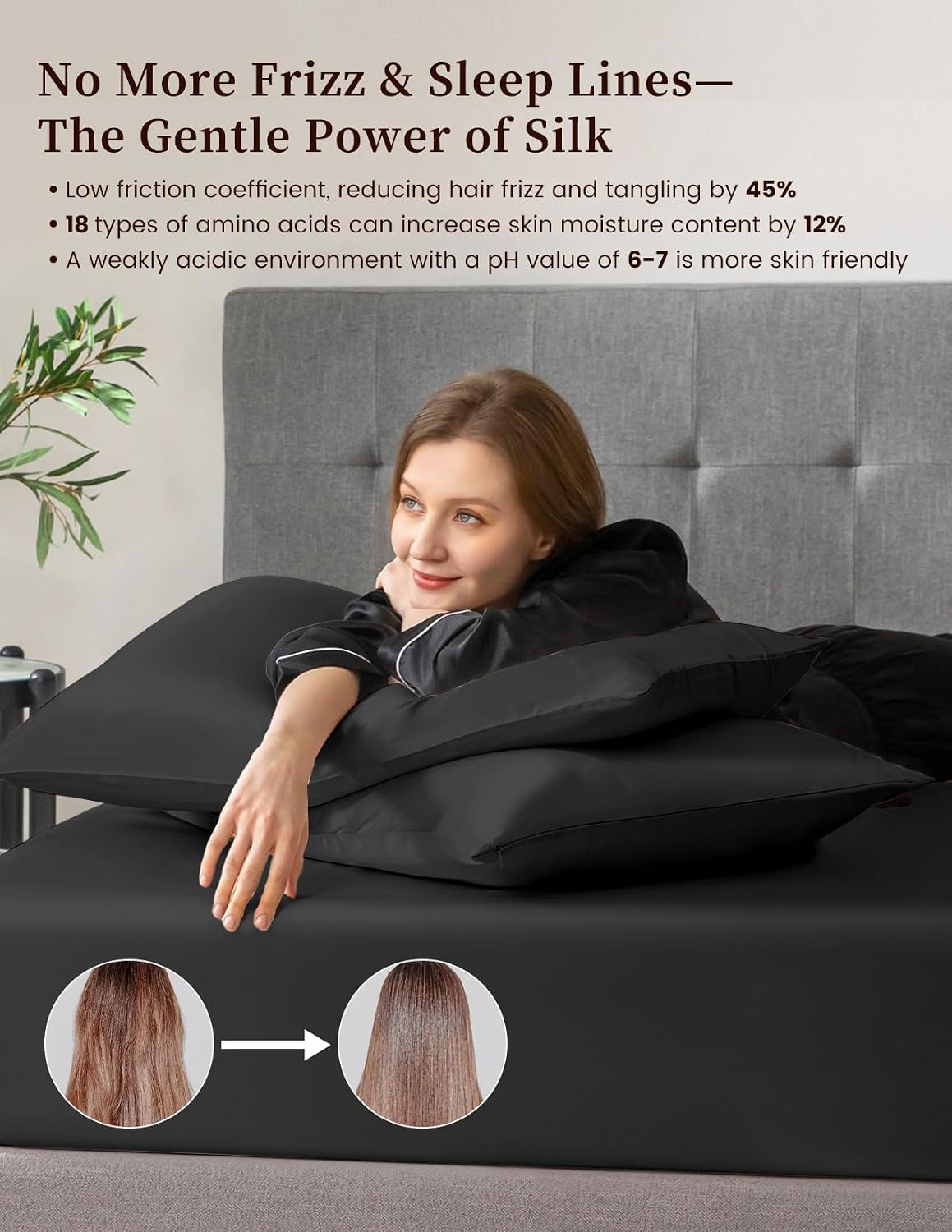 THXSILK 100% Mulberry Silk Bed Sheet Set - 3pcs Pure Silk Sheet Set - 16' Deep Pocket Fitted Sheet, 2 Pack Silk Pillowcase with Zipper Closure - Cal King Size, Black