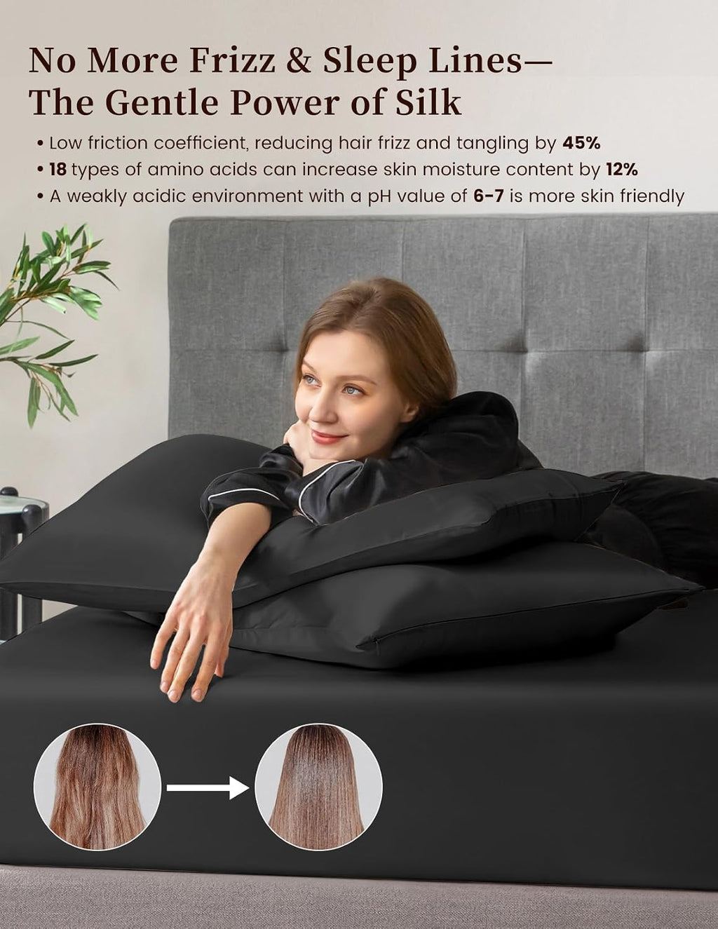 THXSILK 100% Mulberry Silk Bed Sheet Set - 3pcs Pure Silk Sheet Set - 16' Deep Pocket Fitted Sheet, 2 Pack Silk Pillowcase with Zipper Closure - Twin Size, Black