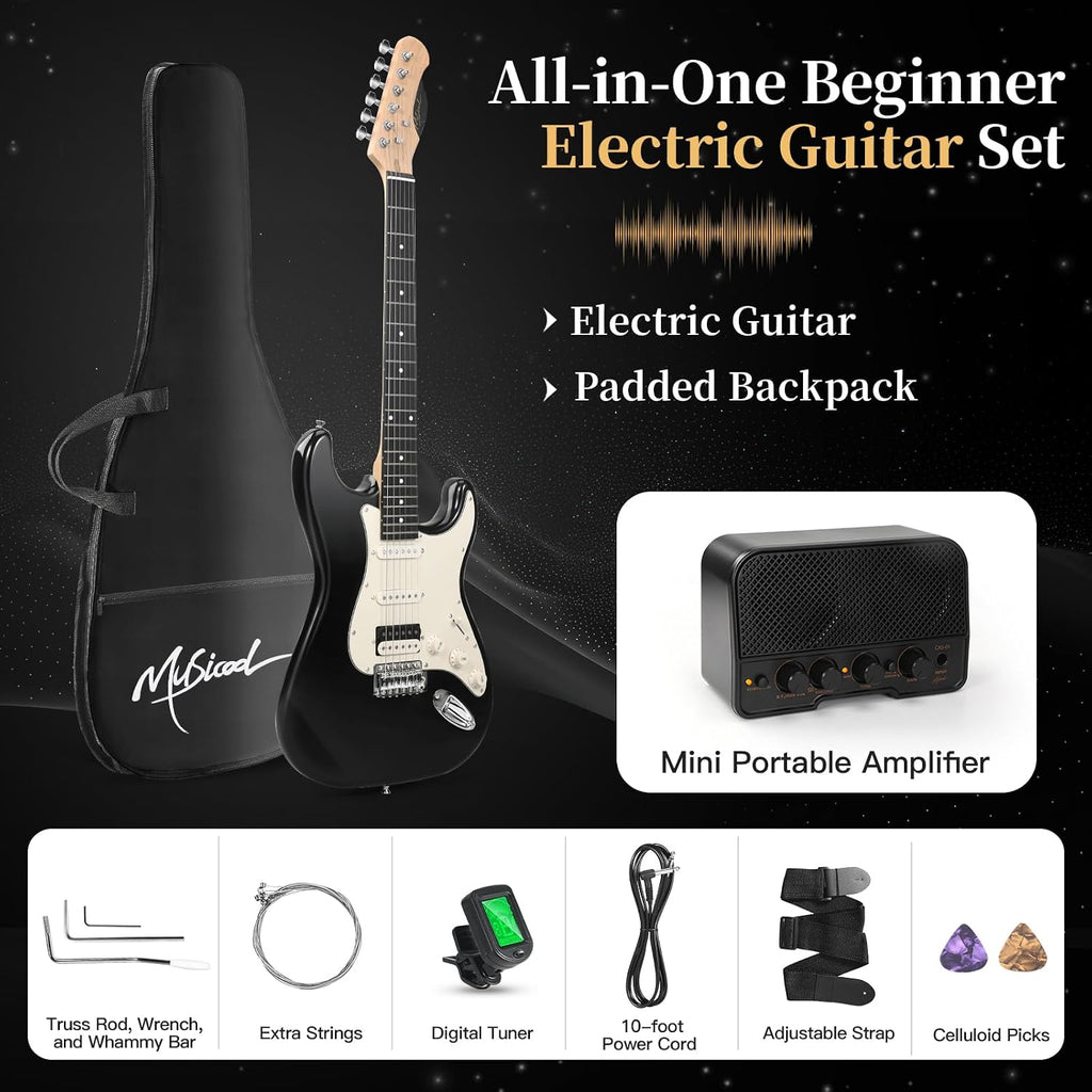 Musicool 39 Inch Electric Guitar Starter Kit– HSS Pickups Solid Body Electric Guitar Includes Amplifier, Bag, Digital Tuner, Strap, String, Cable, Picks, Beginner Gift（Black）