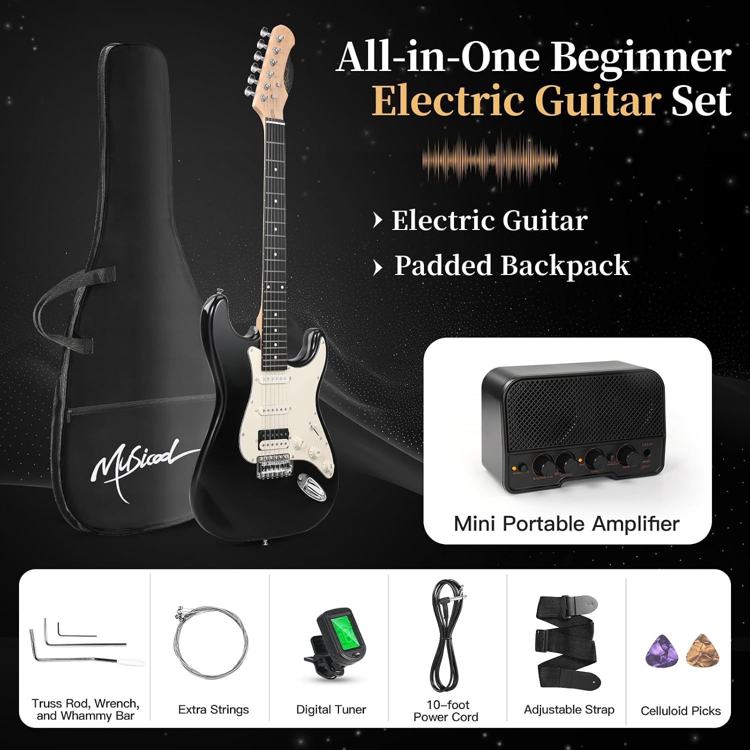 Musicool 39 Inch Electric Guitar Starter Kit– HSS Pickups Solid Body Electric Guitar Includes Amplifier, Bag, Digital Tuner, Strap, String, Cable, Picks, Beginner Gift（Black）