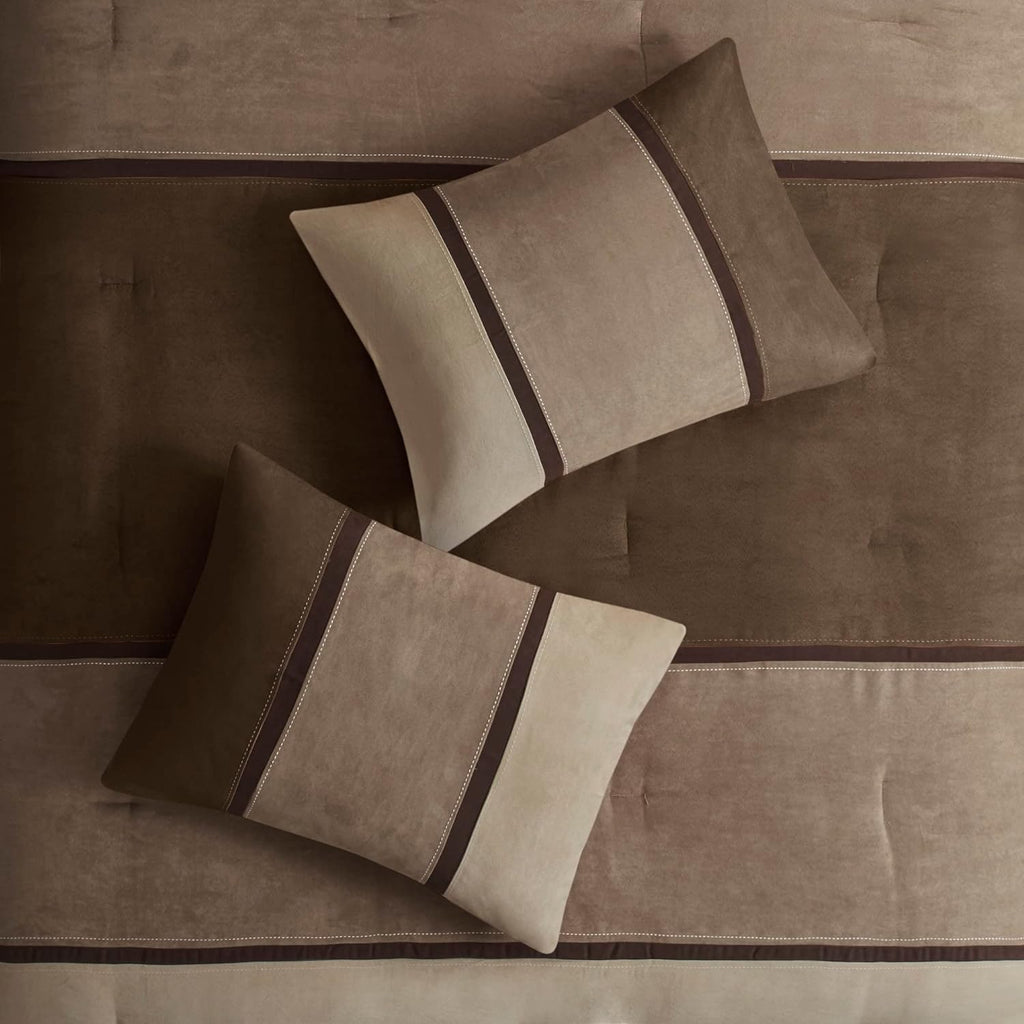 Madison Park Palisades Comforter Set Modern Faux Suede Pieced Stripe Design, All Season Down Alternative Cozy Bedding with Matching Shams, Decorative Pillows, Cal King(104'x92'), Brown 7 Piece