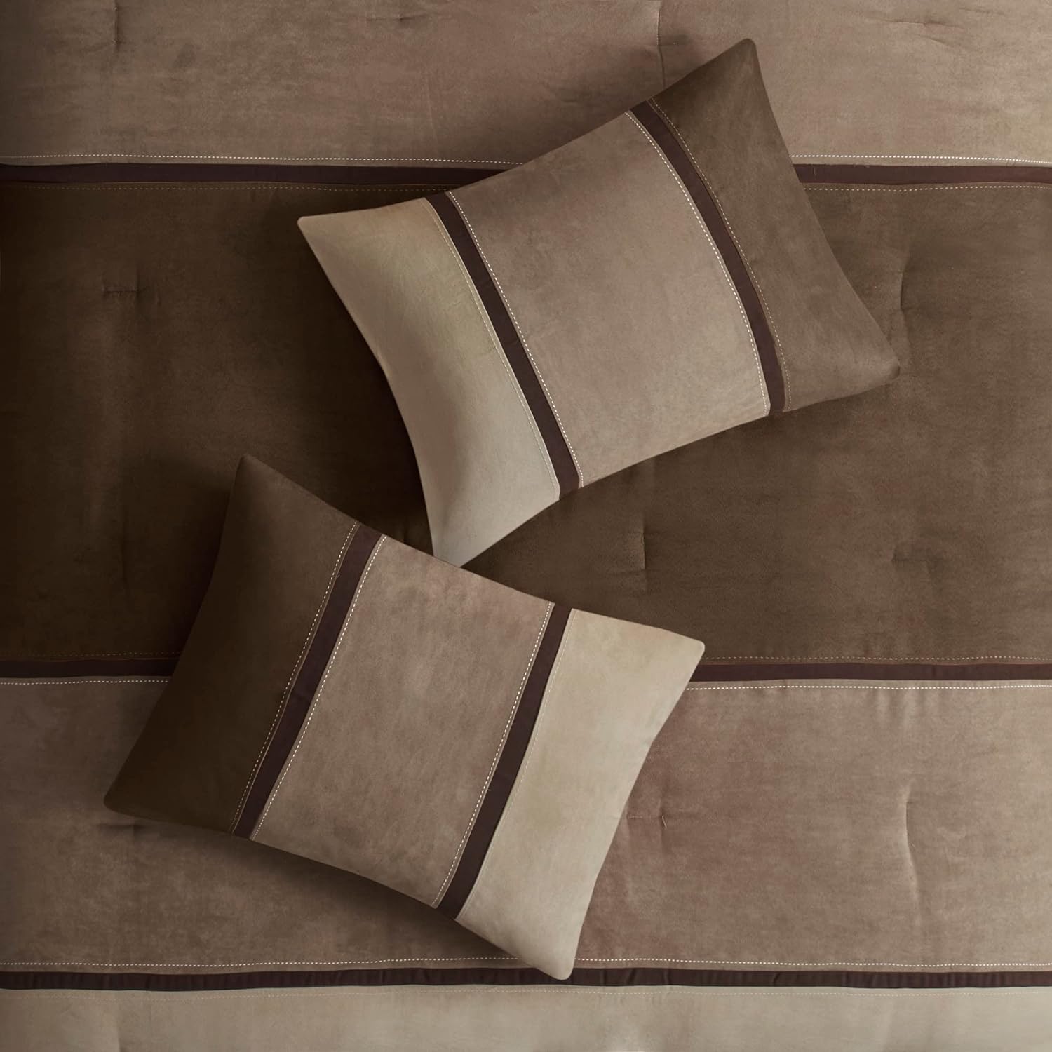 Madison Park Palisades Comforter Set Modern Faux Suede Pieced Stripe Design, All Season Down Alternative Cozy Bedding with Matching Shams, Decorative Pillows, Cal King(104'x92'), Brown 7 Piece