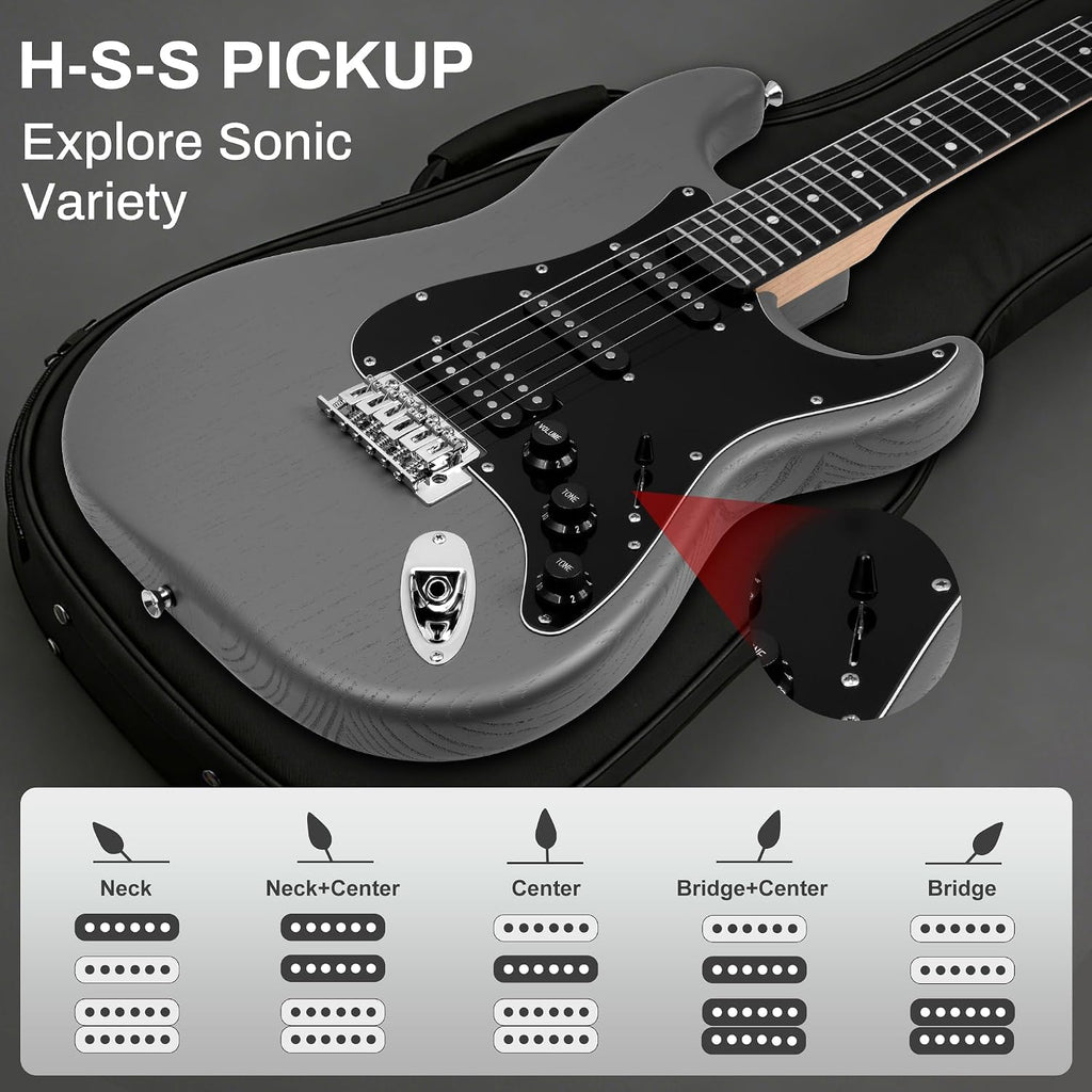 MOSEN 39' Electric Guitar Kit, Complete Beginner Starter Set with Amp & HSS Pickups, All Accessories Included, Ideal Gift for Music Lovers, Home Practice Ready – Grey&Black