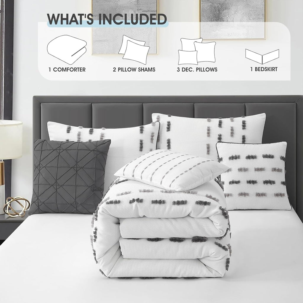 LANCO MODERN LIFESTYLE White Grey 7 Piece Comforter Set, Queen, Clip Waffle Texture Stripe Design, Soft Polyester Bedding for All Seasons, Includes Bedskirt, Shams and Decorative Pillows