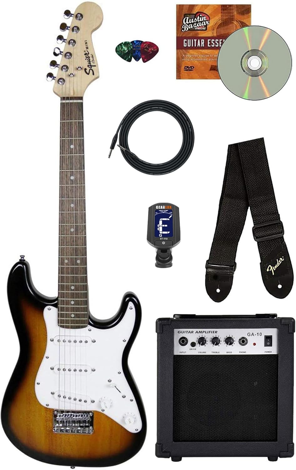 Fender Squier 3/4-Size Kids Mini Strat Electric Guitar - Sunburst Bundle with Amplifier, Cable, Tuner, Strap, Picks, and Austin Bazaar Instructional DVD