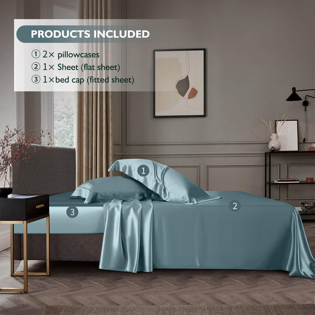 DISANGNI 22 Momme 100% Mulberry Silk Bedding Set - 4-Piece Luxury (2 Pillowcases, 1 Fitted Sheet, 1 Flat Sheet) - 6A Grade Natural Silk (Blue Gray, Queen)