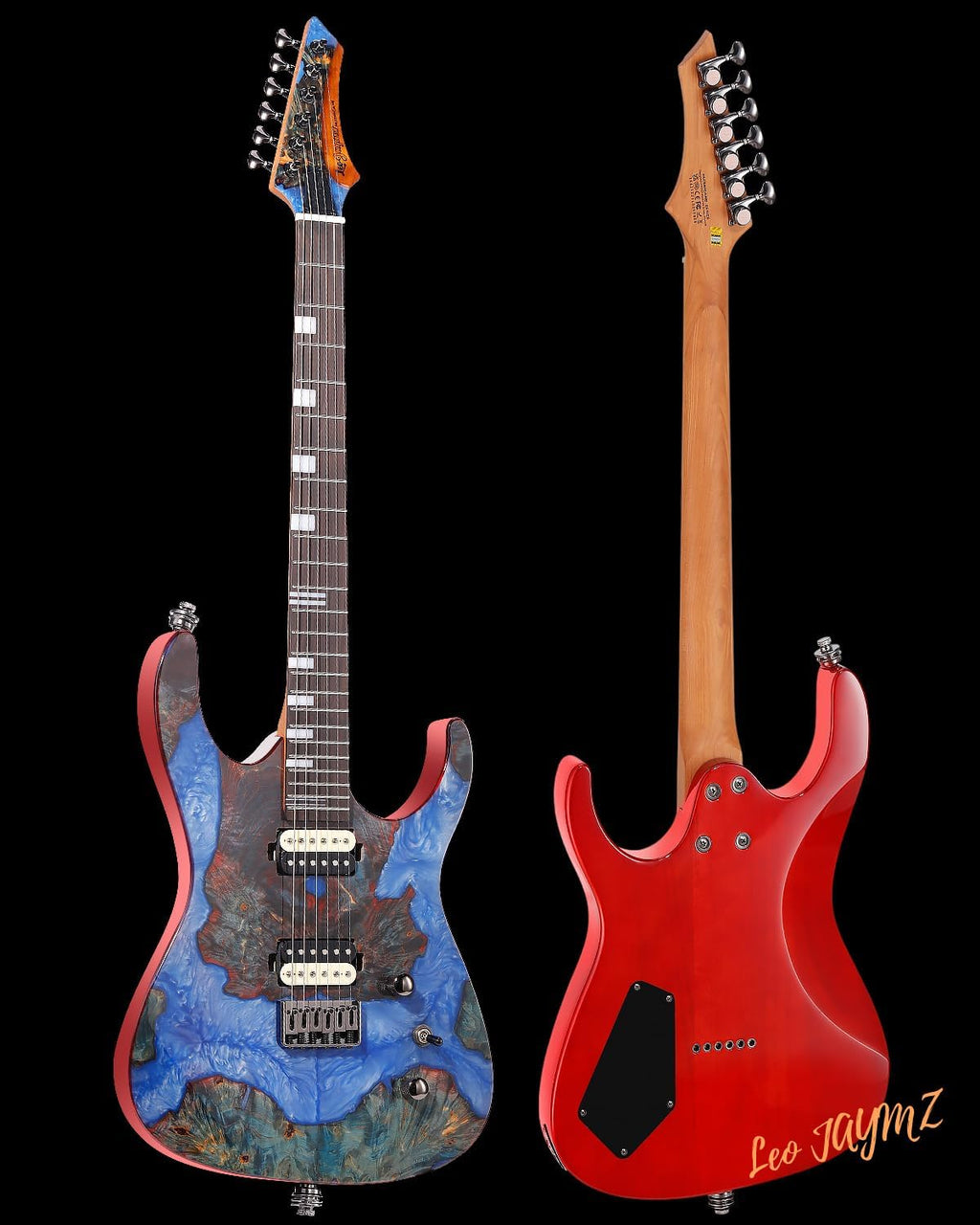Leo Jaymz Electric Guitar Hurricane Deluxe Series, Burl Top, Mahogany Body, Roasted Maple Neck, Rosewood Fretboard, Locking Tuners, Rounded Frets, Case(Blue Colorful Deluxe)