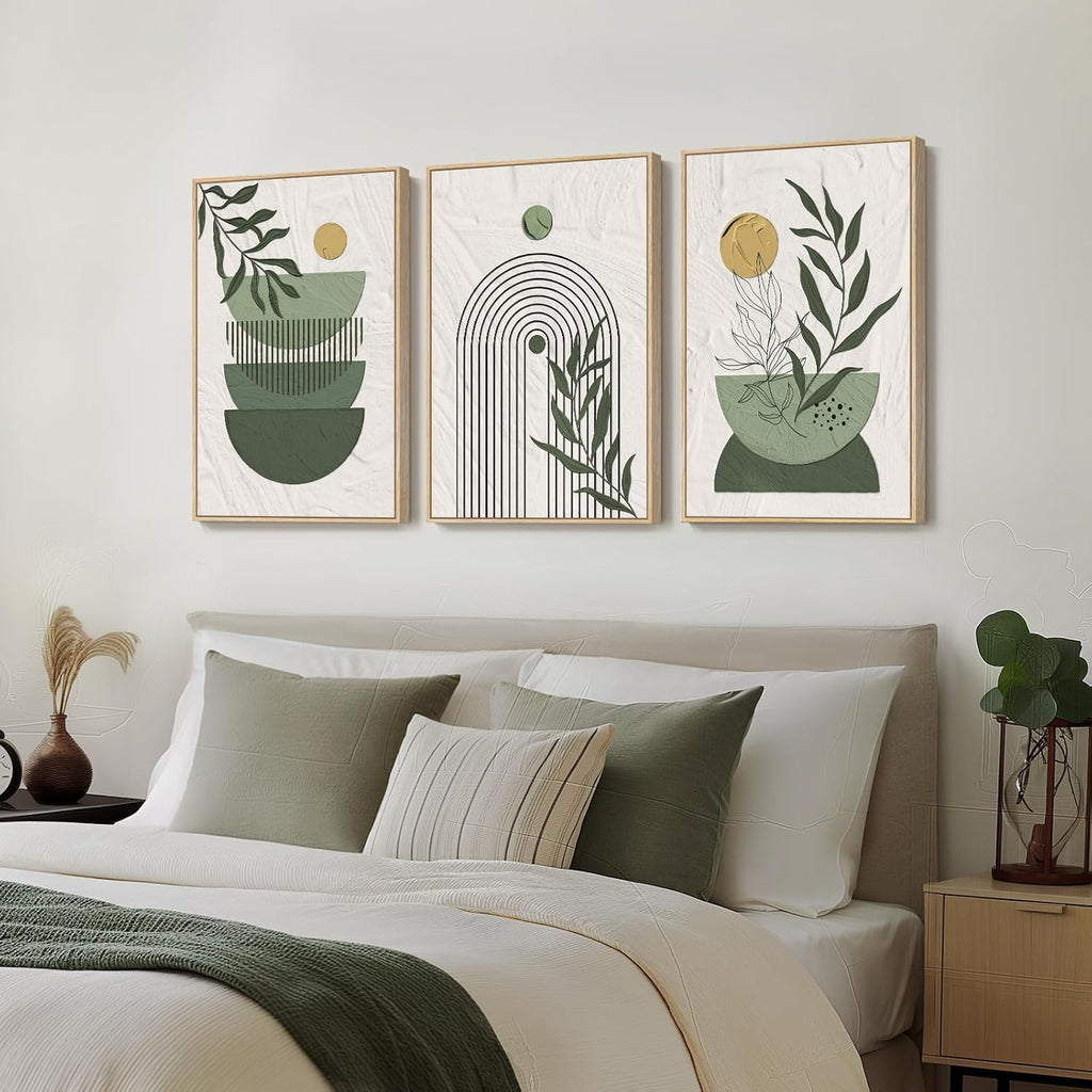 Large Framed Sage Green Boho Wall Art for Living Room, 3 Piece Mid Century Modern Bohemian Canvas Artwork for Walls, Botanical Paintings Prints Pictures Wall Decor for Bedroom Home Office, 24x36 Inch