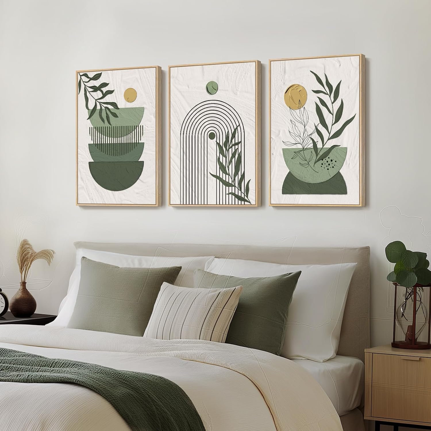 Large Framed Sage Green Boho Wall Art for Living Room, 3 Piece Mid Century Modern Bohemian Canvas Artwork for Walls, Botanical Paintings Prints Pictures Wall Decor for Bedroom Home Office, 24x36 Inch