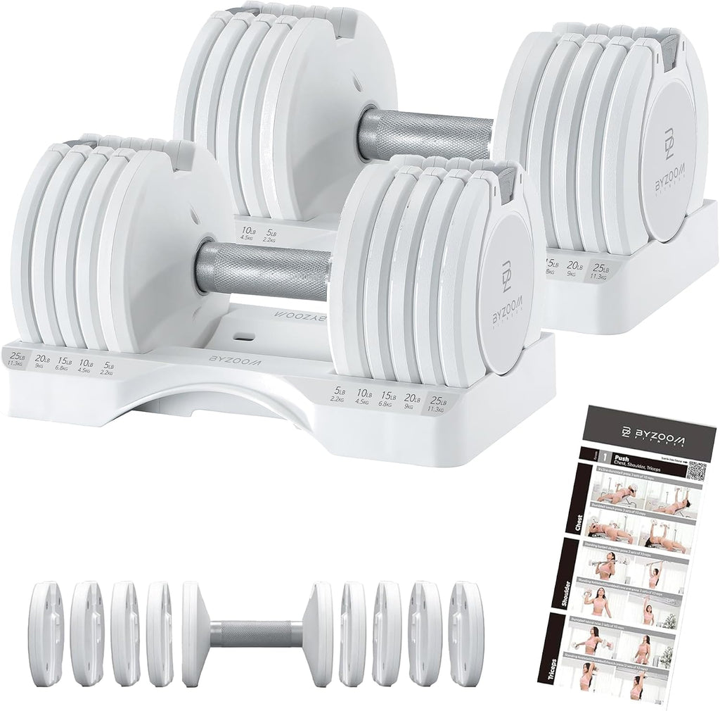 BYZOOM FITNESS Adjustable Dumbbell/ 25LB Pair White and Jump Rope/Black Set for Home Gym Workout